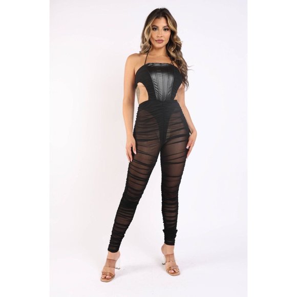Boutique Pants - Women's Ruched Mesh Jumpsuit Corset Detail Sexy Casual Party Club Bar Lounge